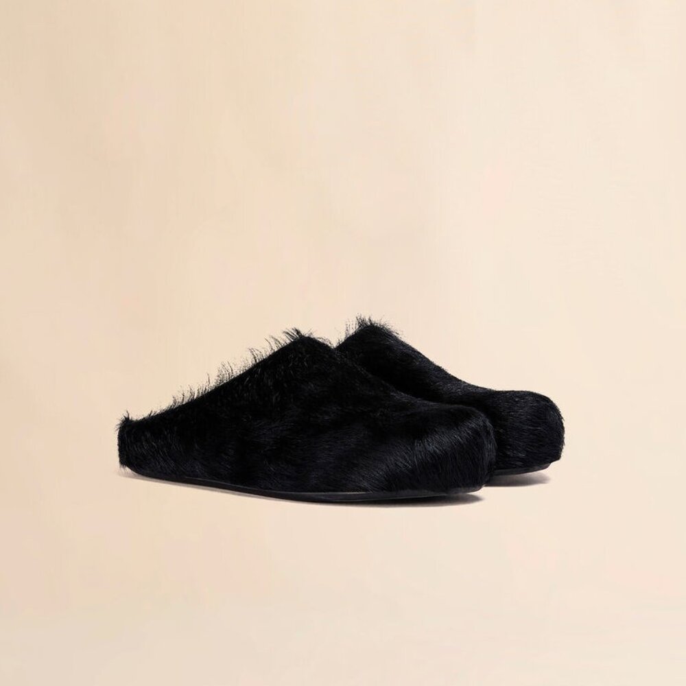 NEW Black Faux Fur Horsehair Calf Hair Slippers Slip On Shoes Mules Flats Slides